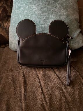 Coach Black Leather Mickey Ear Wristlet Keychain